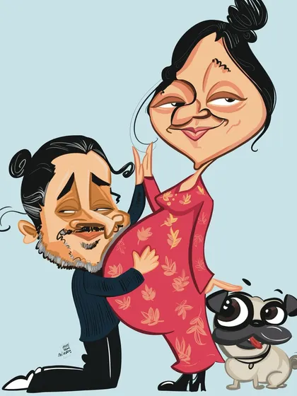 A heartwarming maternity illustration celebrating a growing family, complete with their adorable pug. These caricatures are a wonderful way to capture the excitement and joy of expecting a new baby.