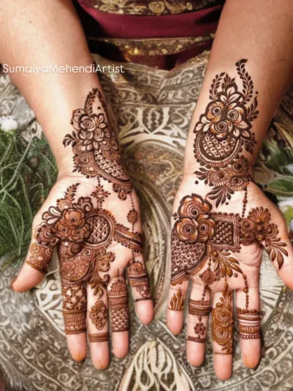 A lovely party mehendi with a mix of floral and paisley elements. The asymmetrical design gives each hand a unique look.