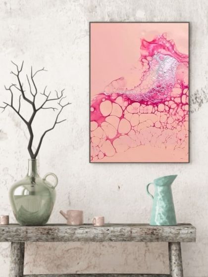 This is a mockup showing how one of my minimalist pink fluid art pieces could look in a rustic, elegant space. The simplicity of the piece contrasts beautifully with the textured wall and wooden bench.