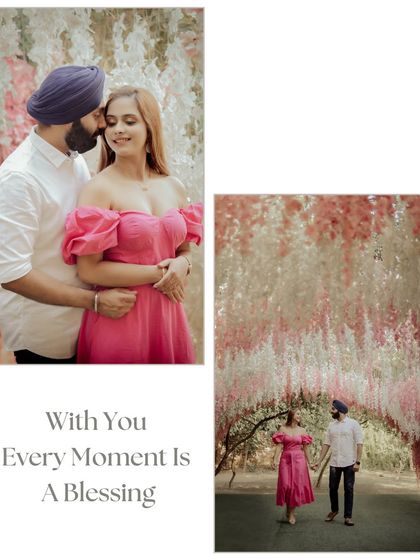 A romantic collage set against a backdrop of hanging pink flowers. The couple's embrace and the dreamy setting create a perfect pre-wedding portrait.