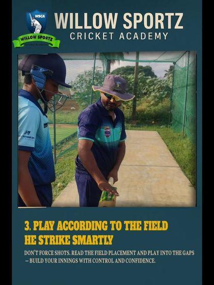 A graphic explaining a key batting tip: playing according to the field. We teach our players to be smart cricketers, not just powerful hitters.