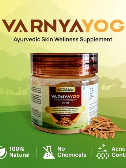 For clear, radiant skin, I formulated Varnya Yog. This Ayurvedic skin wellness supplement works internally to purify the blood and manage concerns like acne and uneven skin tone, helping you achieve a natural glow.
