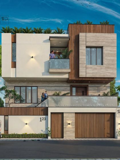 This render of a house designed by Architect Srikanth Dandin showcases a timeless blend of wood, marble, and white tones that remains modern and appealing.