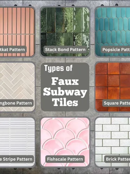 Faux subway tiles offer the classic look of subway tile but in a large, easy-to-install format. This chart shows various patterns you can achieve, from modern Kitkat and Popsicle styles to timeless Herringbone and Brick patterns.