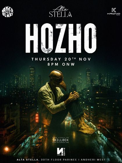 A dark, mysterious poster for a Hozho show in Mumbai. We create compelling visuals for international DJs with unique personas.