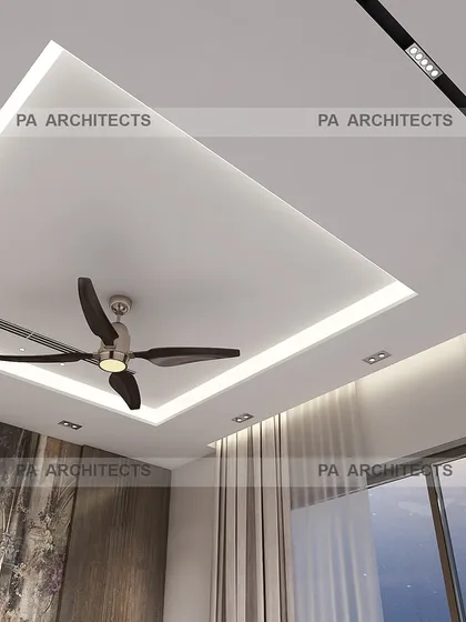 A detailed look at the ceiling design for the master bedroom. The recessed cove lighting provides a soft glow, while the modern track lights offer focused illumination, adding layers and depth to the room's design.