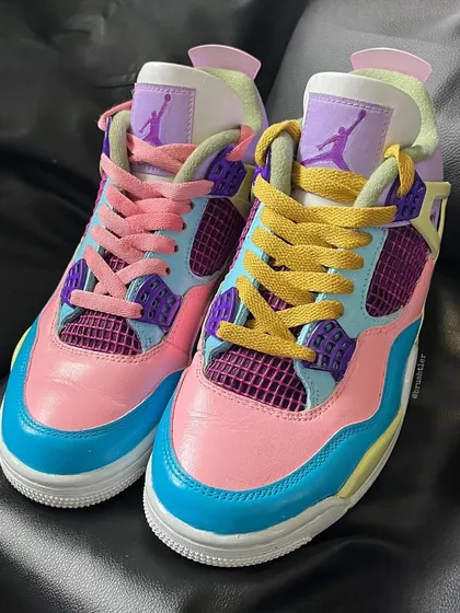 Upcycling a pair of Nike Jordan 4s with a vibrant pastel colorway. I call these "The Pookie 4s," and they are all about fun, color, and personality.