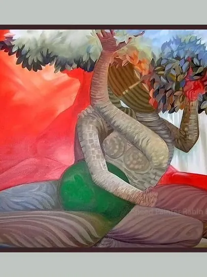 'The Last Breath', a 3x4 ft acrylic on canvas painting for Environment Day, showing figures intertwined with a tree against a bold red background.