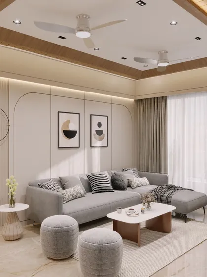 This living room design focuses on creating a calm and inviting atmosphere. The space utilizes a neutral color palette, clean lines, soft textures, and ample natural light to craft a perfect setting for relaxation and family time.