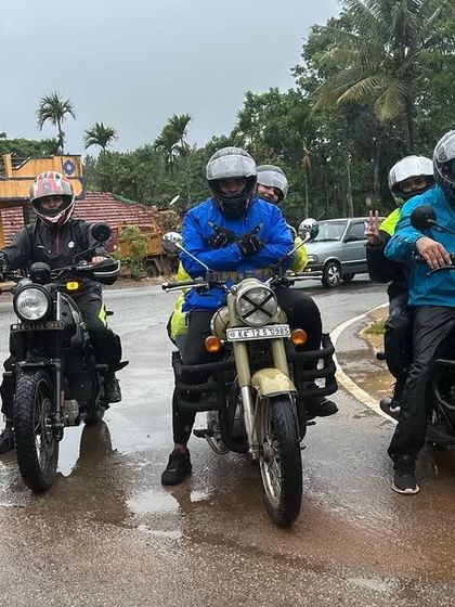 Riding through the rain in Sakleshpura. We teach you to be an all-weather rider, prepared for any condition.