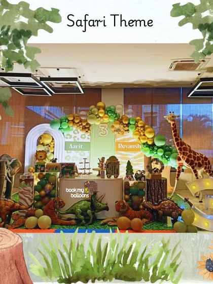 We designed a wild safari adventure for a joint third birthday party. This setup is packed with details, including 3D animal props, balloon arches in jungle tones, and a custom dessert table, creating an immersive experience for the little explorers.