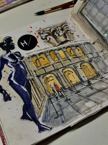 A close-up of my Harvard Art Museums sketch, focusing on the architectural details and a silhouetted sculpture.