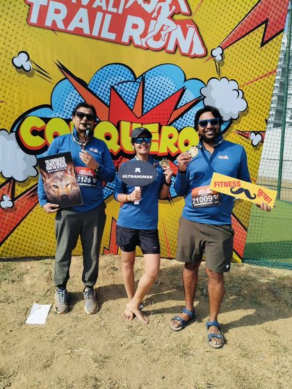 Conquerors of the trail. Participants celebrating at the photo booth after completing the challenging Aravali Trail Run.