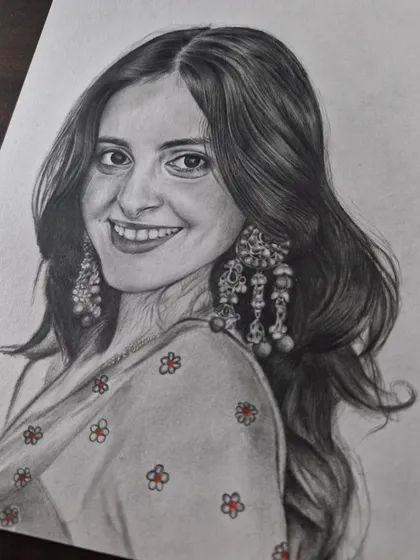 This paid commission features a woman with a bright smile and elaborate earrings, with a subtle touch of color.