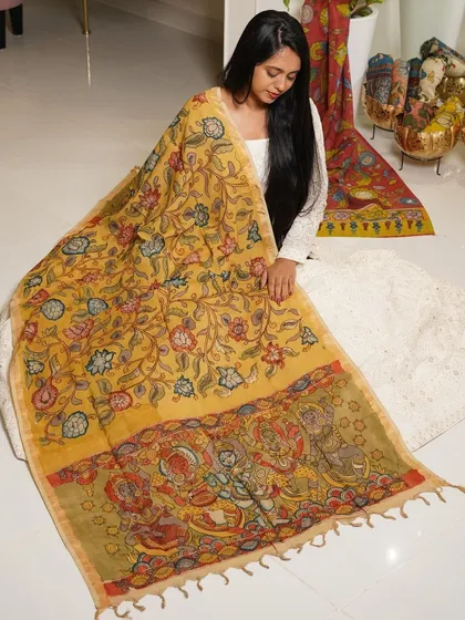 This is a glimpse into my Kalamkari Edition, featuring a wide array of hand-painted dupattas and fabrics from the Indralokam series. Each piece is a unique story, available for you to customize into your dream outfit.