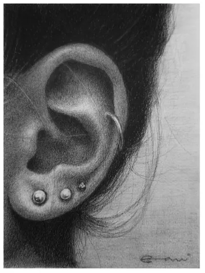 A student's finished ear drawing from a workshop, showing excellent control over shading and detail.