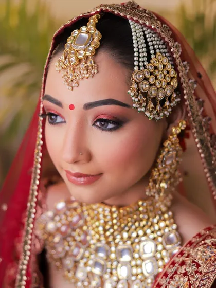 A close-up of a classic Indian bridal makeup look. This shot focuses on the intricate details, from the warm, smoky red eyeshadow and perfectly defined brows to the elaborate kundan and pearl jewellery, including the maang tikka and passa. The soft lighting ensures the makeup looks flawless and vibrant.