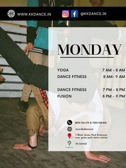 Plan your week with us. Our Monday schedule includes morning Yoga, Dance Fitness, and evening Fusion classes to start your week on a high note.