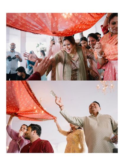A collage of energetic moments from a pre-wedding ceremony. It shows the bride's joyful entrance and the family's participation, capturing the festive spirit.