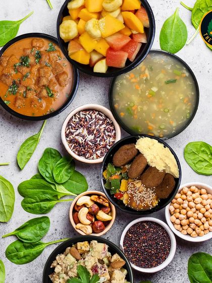 A feast for your eyes. This spread of wholesome goodness shows the variety on my menu, from protein meals to fresh salads and fruits.