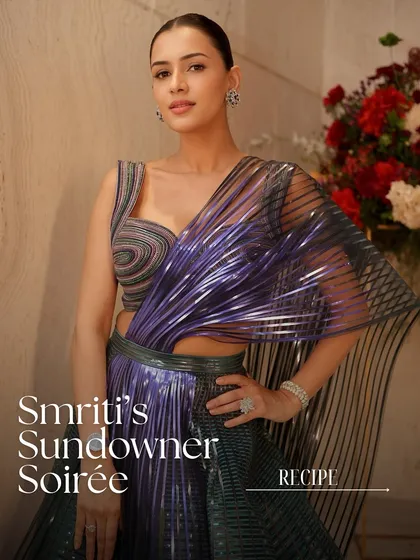 A breakdown of Smriti's sundowner soirée look. This graphic introduces the products used to create this timeless soft glam style.