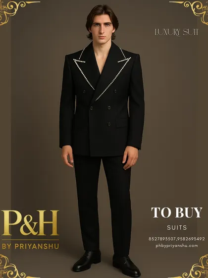 A bespoke black double-breasted suit, defined by the striking pearl hand-embroidery that traces the line of the wide lapels. This is a bold and luxurious statement for any formal event.