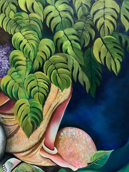 Detail of the monstera leaves and the texture of the saree.
