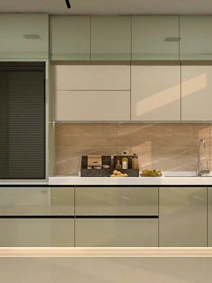 A 3D render of a luxurious kitchen featuring high-gloss, light green cabinets and a smart refrigerator. This design phase allows us to perfect the color palette and appliance integration for a cohesive and modern look.