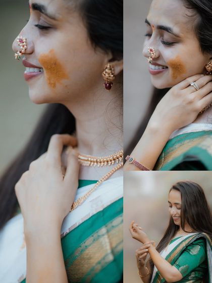 A collage of close-up portraits of a bride during her Haldi, highlighting her smile, traditional nose ring, and the turmeric on her skin.