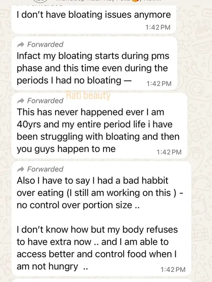 A 40-year-old client shares that for the first time in her life, she had no bloating during her period, thanks to the diet.