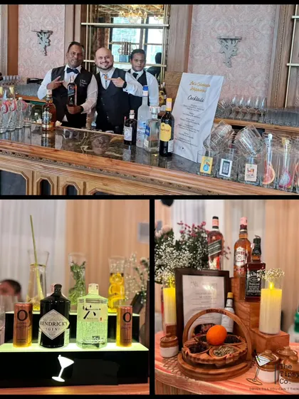 A collage showing our team and bar setups for a wedding. We can create multiple stations, including a gin bar with premium brands like Hendrick's and a station with custom-monogrammed candles and garnishes.