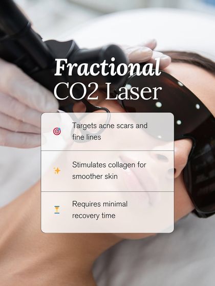 This graphic explains the benefits of Fractional CO2 Laser for acne scars. It targets scars and fine lines, stimulates collagen, and requires minimal recovery time.