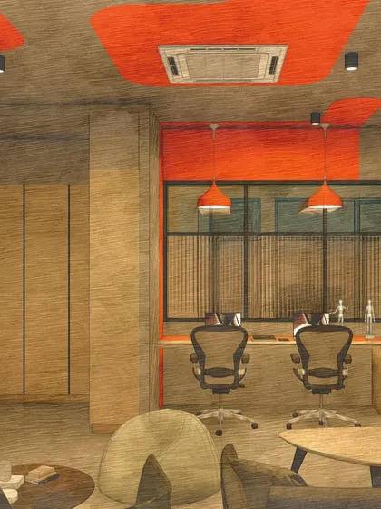 Another render-to-reality comparison, showcasing the workspace within the faculty lounge.