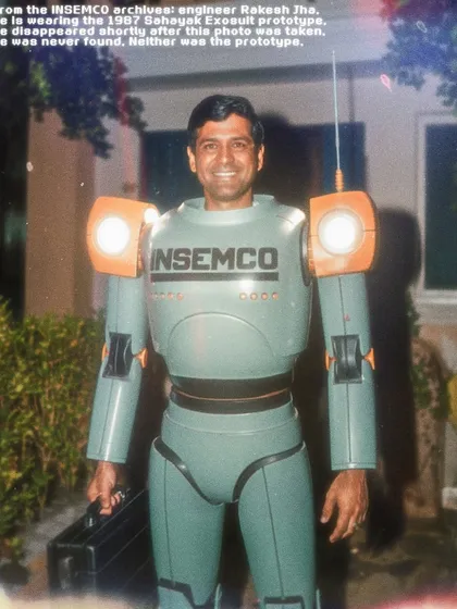 An archival photo of an INSEMCO engineer in a prototype exosuit from 1987, who mysteriously disappeared. This adds a layer of lore and mystery to the fictional corporation.