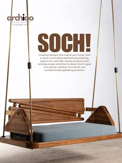 An iconic Soch Design Studio swing, featuring a unique, angular backrest with hand-chiseled detailing. Suspended by strong brass rods, this piece combines ergonomic design with architectural appeal, creating a functional and artistic focal point.