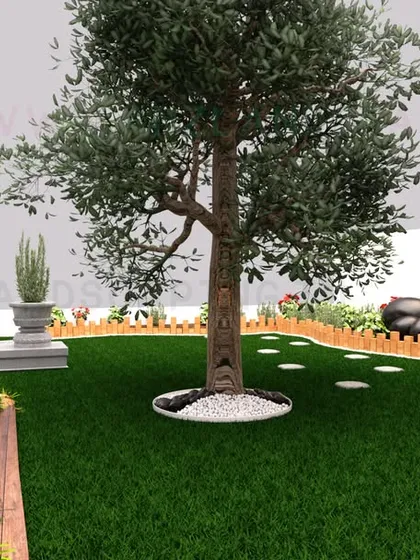 Our process begins with a clear vision. This 3D design render shows how we map out every detail, from the placement of a central feature tree and stone pathways to a small pond and gazebo, ensuring the final result aligns perfectly with your expectations.