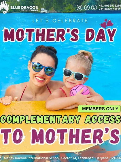 A special treat for our amazing swim moms. This Mother's Day graphic features a mom and daughter smiling in the pool, announcing complimentary access for mothers of our members.