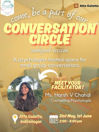 Poster for a 'Conversation Circle' weekend session hosted by a counselling psychologist.