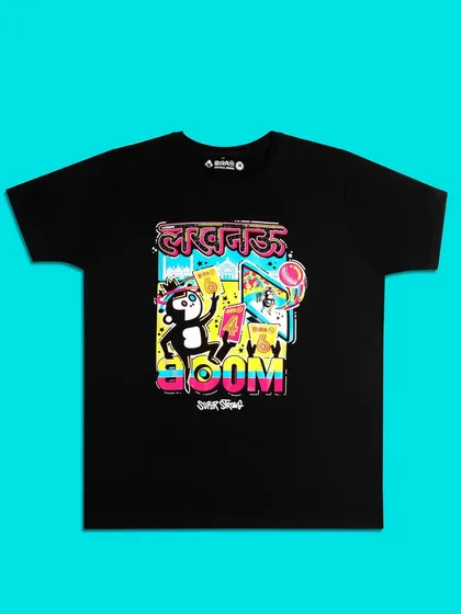 A clean, vibrant e-commerce shot for Bira 91's merchandise. The t-shirt is presented against a solid, bright blue background to make the colorful graphic pop, ensuring the product is the undisputed hero of the image.