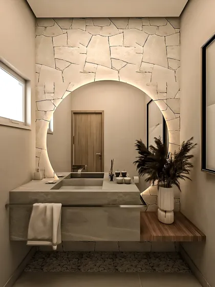 Even compact bathrooms can be luxurious. For this powder room, we used a combination of textured stone, a backlit circular mirror, and a floating concrete vanity to create a space with significant visual impact and a modern, spa-like feel.