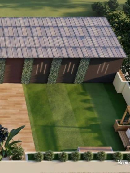 A 3D render of a luxurious and cozy terrace gazebo concept. This top-down view helps in space planning, showing the relationship between the wooden deck, lawn area, and built-in seating.