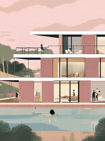 An artistic illustration capturing the lifestyle of the Mumbai bungalow project. This image shows how we envision the spaces being used, from relaxing on the cantilevered decks to swimming in the pool, all connected to nature.