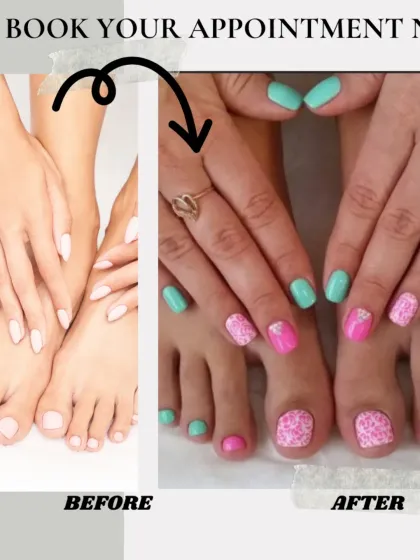 A complete hand and foot transformation. We gave this client a fun and colorful matching manicure and pedicure with bright pink and turquoise polish.
