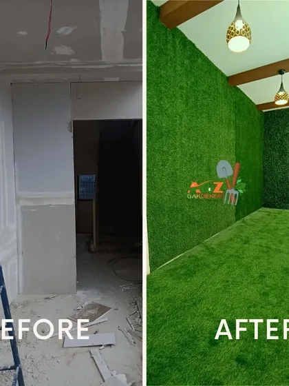 See how I can take a space from a bare construction site to a fully green room. This before and after shows a complete interior makeover using high-quality artificial grass for both the floor and walls, creating a unique and immersive environment.