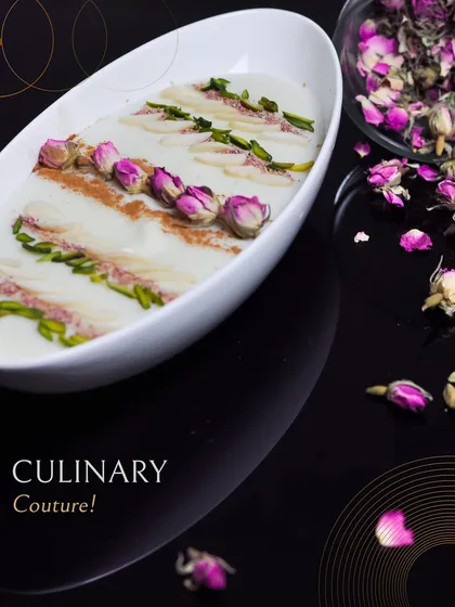 This is our take on culinary couture. A traditional milk-based dessert is elevated with delicate rose buds and pistachios, served elegantly to blend classic Indian flavours with modern, sophisticated presentation.
