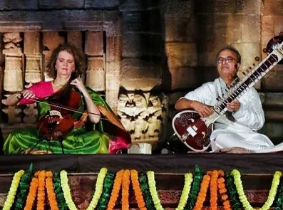 Performing with Saskia at the Rajarani Music Festival in Bhubaneswar. The backdrop of the ancient temple added a layer of history and spirituality to our sitar and cello duet.