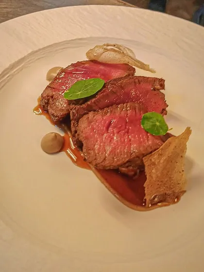 A beautifully plated tenderloin, sliced to reveal its perfect medium-rare cook. It's accompanied by delicate garnishes and a rich sauce.