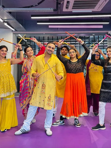 Kicking off Navratri celebrations with my amazing Dandiya squad. This picture captures the pure joy and festive energy of my group classes, where we come together to dance, celebrate, and create awesome memories.