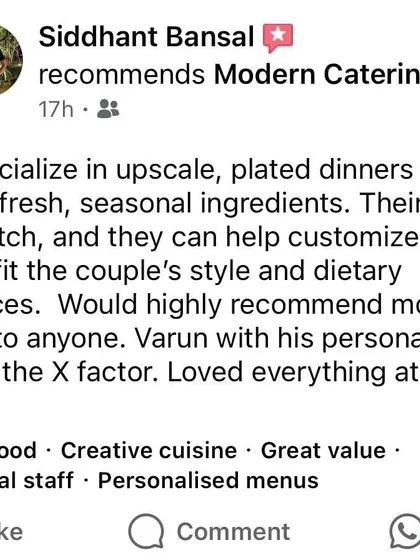 This client review highlights what I strive for: top-notch service, customized menus, and my personal touch being the 'X factor'. I am deeply involved in every event to ensure your vision is executed perfectly.