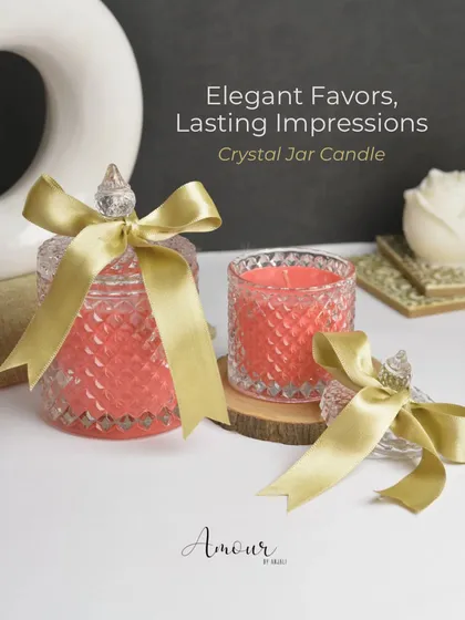 Our Crystal Jar Candle is a perfect elegant favor. The diamond-cut pattern on the glass catches the light beautifully, and we finish it with a satin ribbon for a lasting impression.